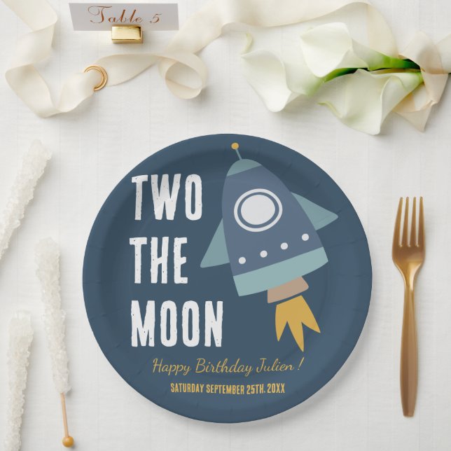 Two the Moon Space Rocket 2nd Birthday Party Paper Plate (Wedding)