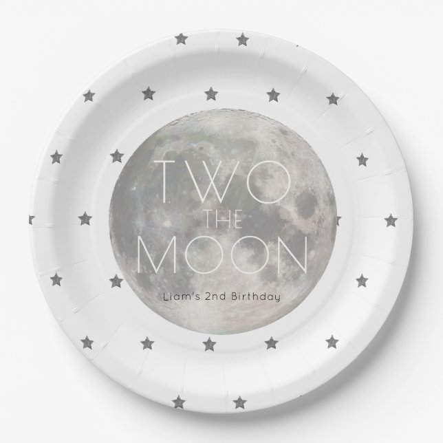 Two the Moon White Silver Boy 2nd Birthday Paper Plate (Front)