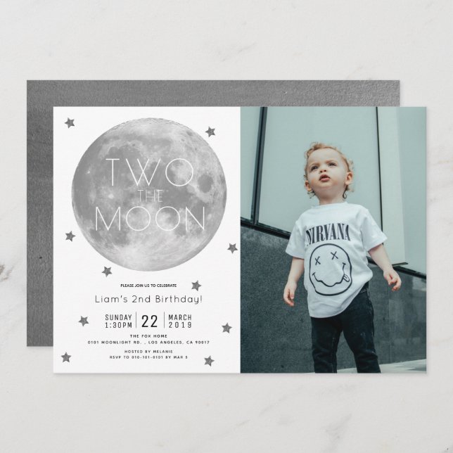 Two the Moon White SIlver Boy Photo 2nd Birthday Invitation (Front/Back)