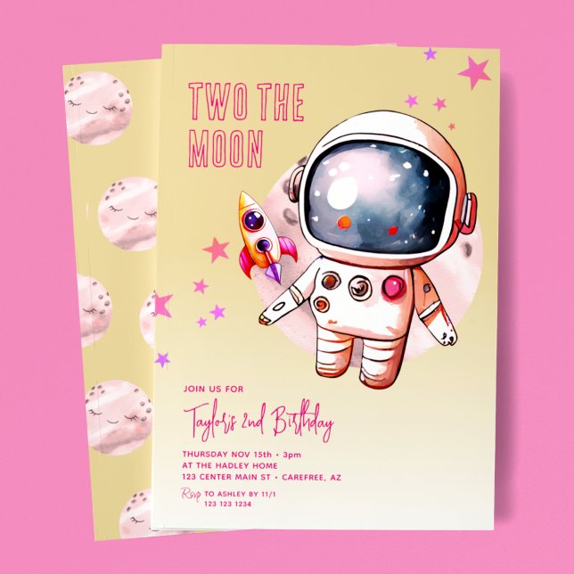 Two The Moon Yellow 2nd Birthday Invitation (Creator Uploaded)