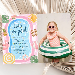 Two The Pool Summer Themed Girl 2nd Birthday Photo Invitation