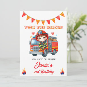 Two the Rescue Fire Truck 2nd Birthday Invitation