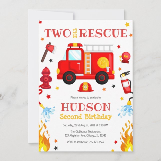 Two the Rescue Firetruck 2nd Birthday Invitation (Front)