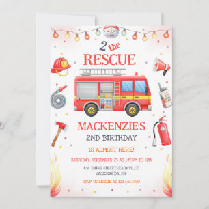 Two The Rescue Firetruck 2nd Birthday Invitation