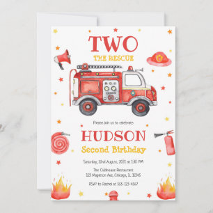 Two the Rescue Firetruck 2nd Birthday Invitation