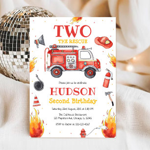 Two the Rescue Firetruck 2nd Birthday Invitation