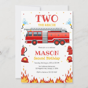 Two the Rescue Firetruck 2nd Birthday Invitation