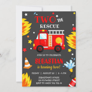 Two the Rescue Firetruck Firefighter 2nd Birthday  Invitation