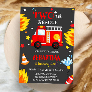 Two the Rescue Firetruck Firefighter 2nd Birthday  Invitation
