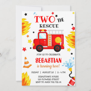 Two the Rescue Firetruck Firefighter 2nd Birthday Invitation