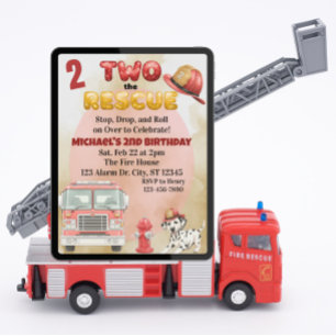 Two the Rescue, Watercolor Firetruck 2nd Birthday Invitation