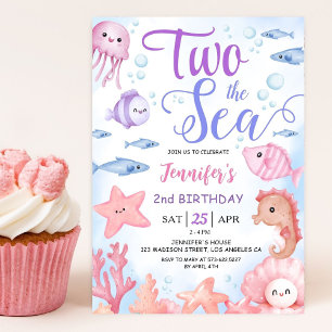 TWO The Sea! 2nd Birthday Baby Girl Cute Ocean  Invitation