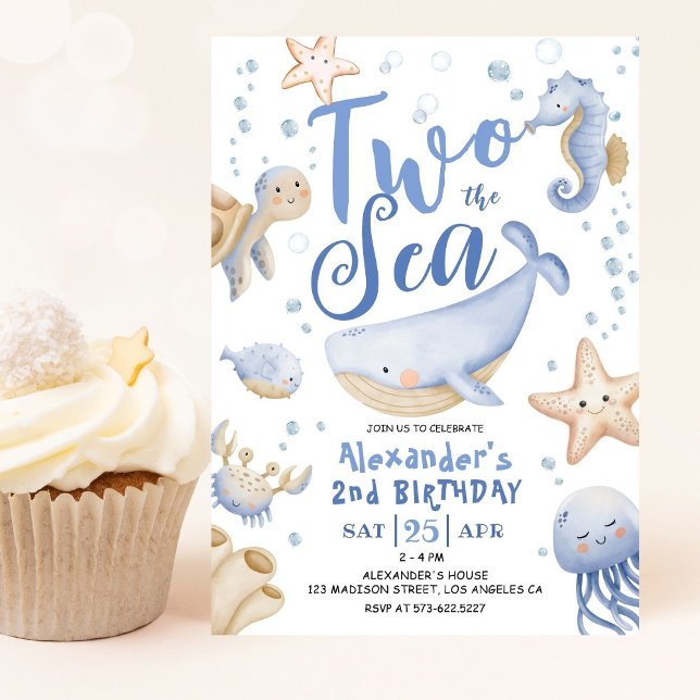 TWO The Sea 2nd Birthday Boy Blue Cute Ocean  Invitation (Creator Uploaded)