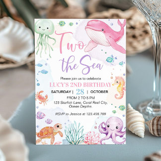 Two the Sea Cute Ocean Animals Birthday Invitation