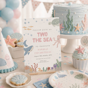 Two the Sea Cute Pink Watercolor Girl 2nd Birthday Invitation