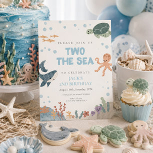 Two the Sea Cute Watercolor Blue Boy 2nd Birthday Invitation