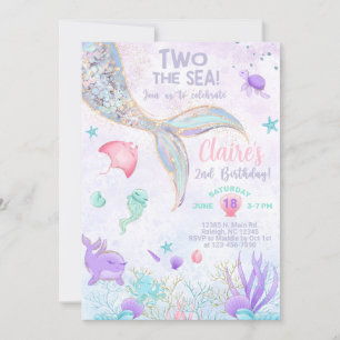 Two the Sea girl 2nd birthday mermaid tail invite. Invitation
