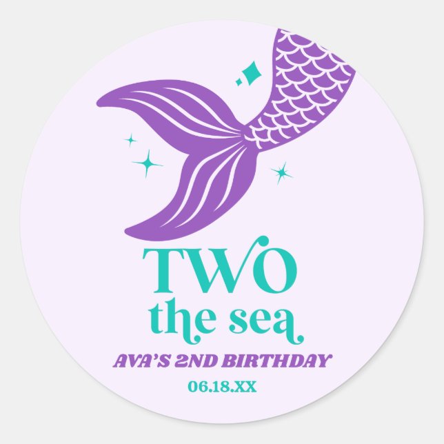 TWO The Sea Mermaid 2nd Birthday Party Favour Classic Round Sticker (Front)