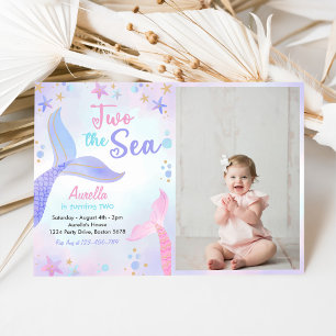 Two The Sea Mermaid Girl 2nd Birthday Photo Invitation