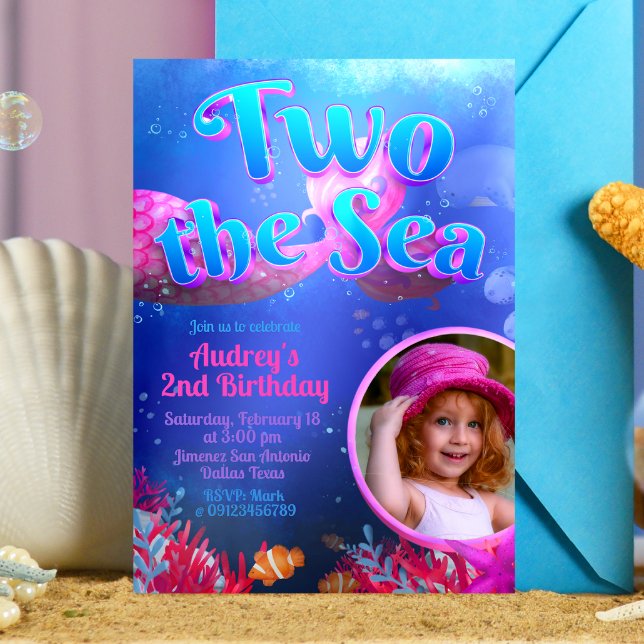 Two the Sea - Mermaid with Photo Invitation (Two the Sea - Girl Mermaid 2nd Birthday Invitation with Picture)