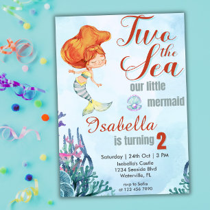 Two the Sea Orang Mermaid Girls 2nd birthday Invitation