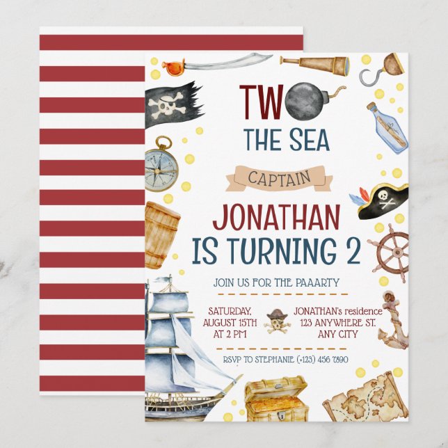 Two The Sea Pirate Ship 2nd Birthday Party Invitation (Front/Back)