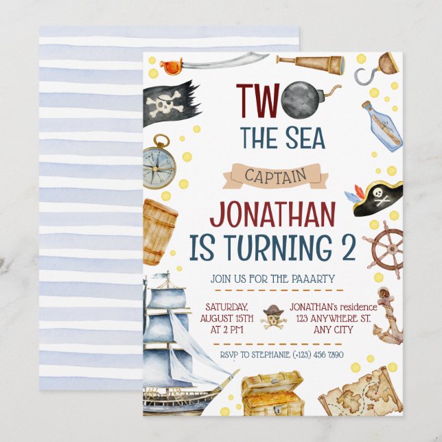 Two The Sea Pirate Ship 2nd Birthday Party Invitation (Front/Back)
