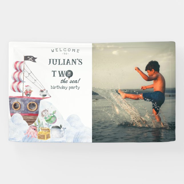 Two The Sea Pirate Ship Mermaid 2nd Birthday Party Banner (Horizontal)