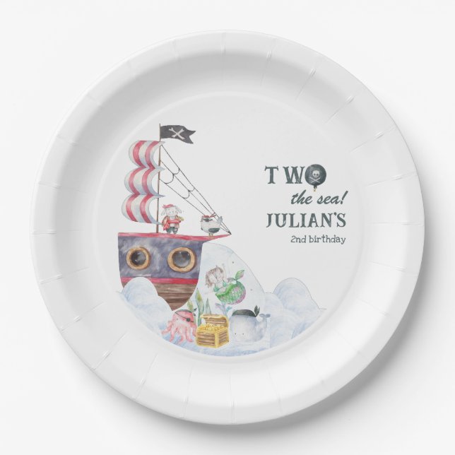 Two The Sea Pirate Ship Mermaid 2nd Birthday Party Paper Plate (Front)