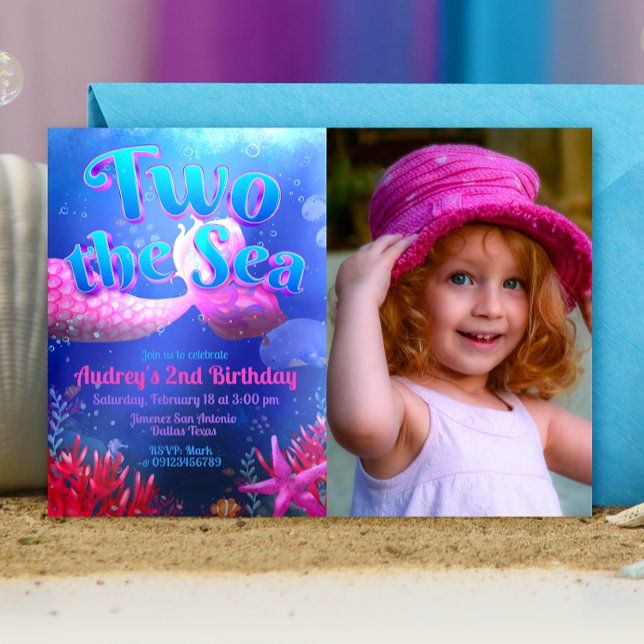 Two the Sea with Photo Landscape Invitation (Two the Sea - Girl Mermaid 2nd Birthday Landscape Invitation with Picture)
