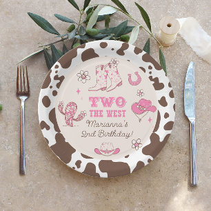 Two the West Cowgirl pink brown 2nd birthday party Paper Plate