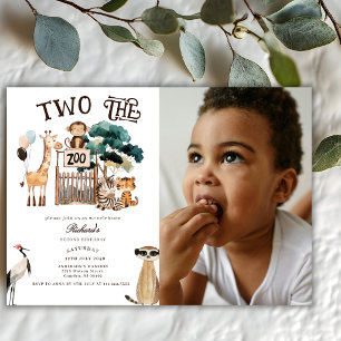 Two The Zoo Animals Safari 2nd Photo Birthday  Invitation
