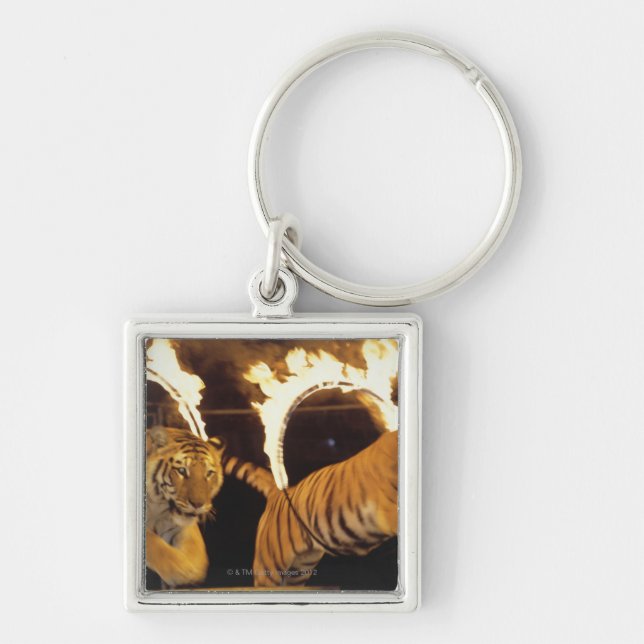 Two tigers leaping through burning rings of fire key ring (Front)