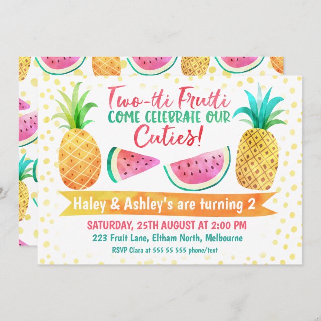 Two-Tii Frutti Girl Twins Birthday Invitation (Front/Back)
