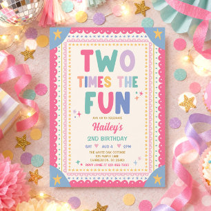 Two Times The Fun Whimsical Girl 2nd Birthday Invitation