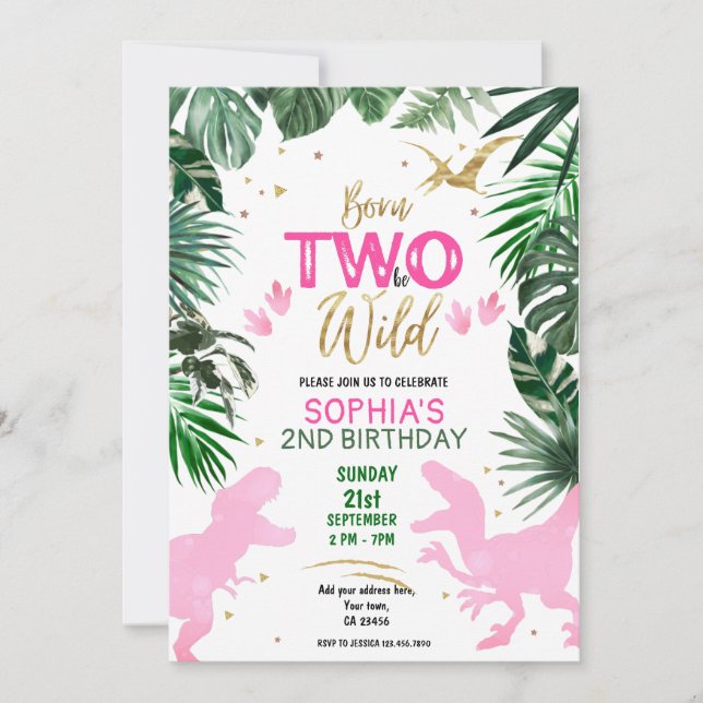 TWO to be WILD Dinosaur pink Birthday Party  Invitation (Front)
