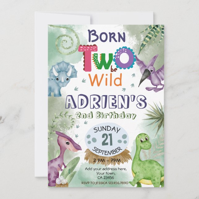 TWO to be WILD Dinosaur Theme Birthday Party  Invi Invitation (Front)