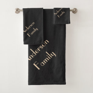 Two-Tone Beige Black Modern Custom Family Name Bath Towel Set