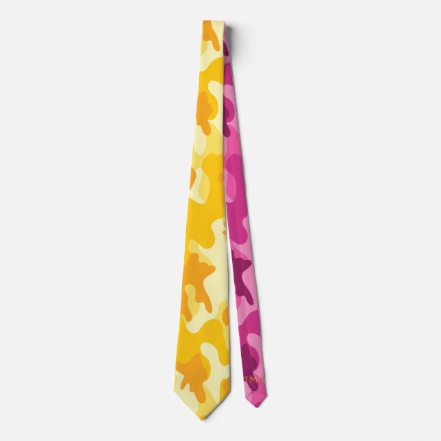 Two Tone Camo Pink Yellow Monogram Groomsman Tie (Front)