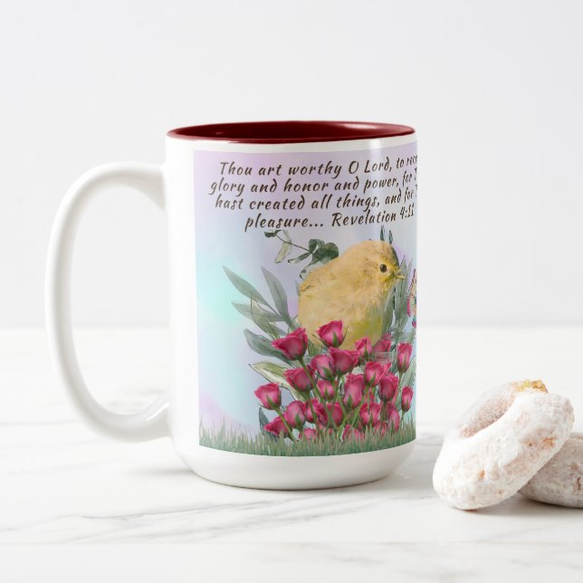 Two-tone coffee mug -bible verse and nature scene (With Donut)