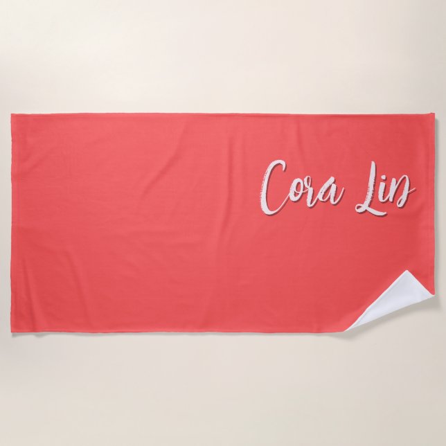 Two-Tone Coral Red Modern Custom Name Beach Towel (Front)