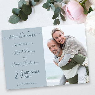 Two-Tone Dusty Blue Custom Photo Save the Date Invitation