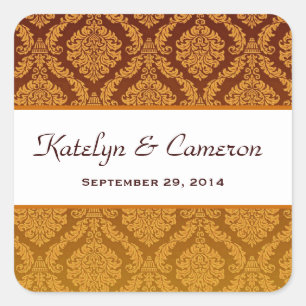 Two Tone Gold and Brown Damask Wedding V39 Square Sticker