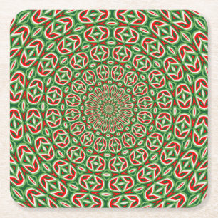 Two Tone Green And Red And White Christmas Mandala Square Paper Coaster