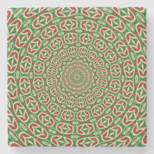 Two Tone Green And Red And White Christmas Mandala Stone Coaster