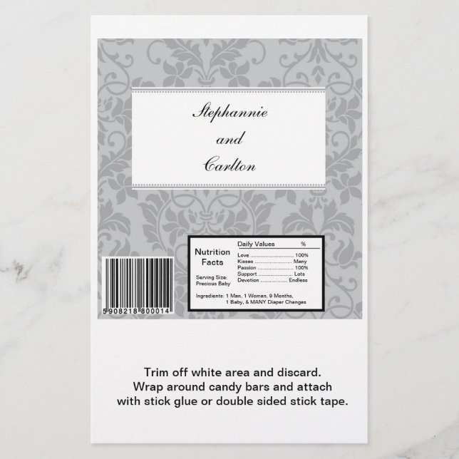 Two-tone Grey Damask Wedding Large Candy Bar Wrap (Front)