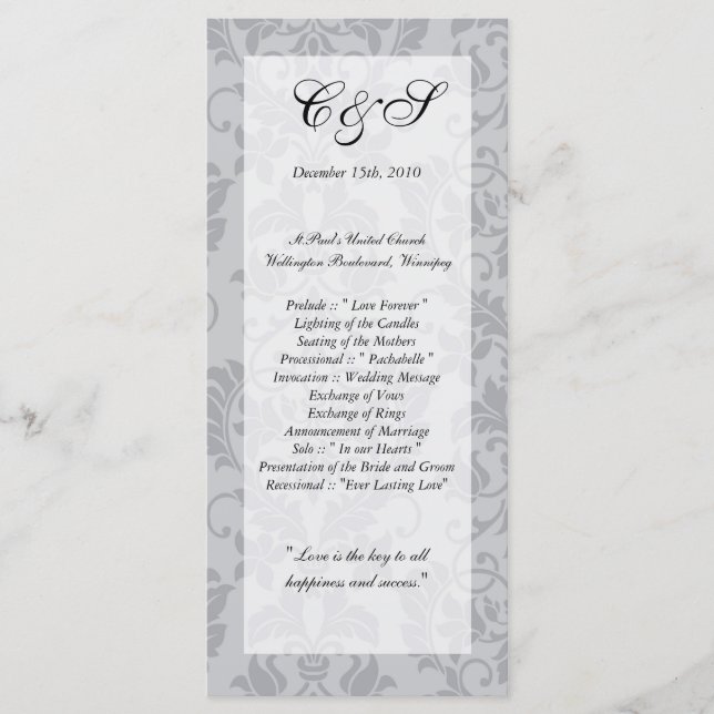 Two-tone Grey Damask Wedding Programs Programme (Front)