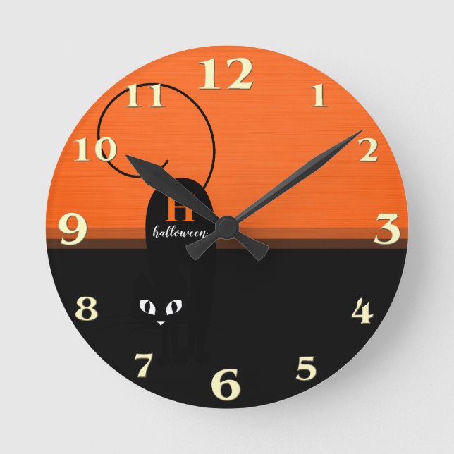 Two Tone Halloween Orange Black Cat Round Clock (Front)