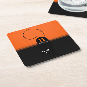 Two Tone Halloween Orange Black Cat Square Paper Coaster