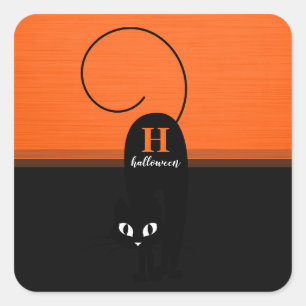 Two Tone Halloween Orange Black Cat Square Sticker